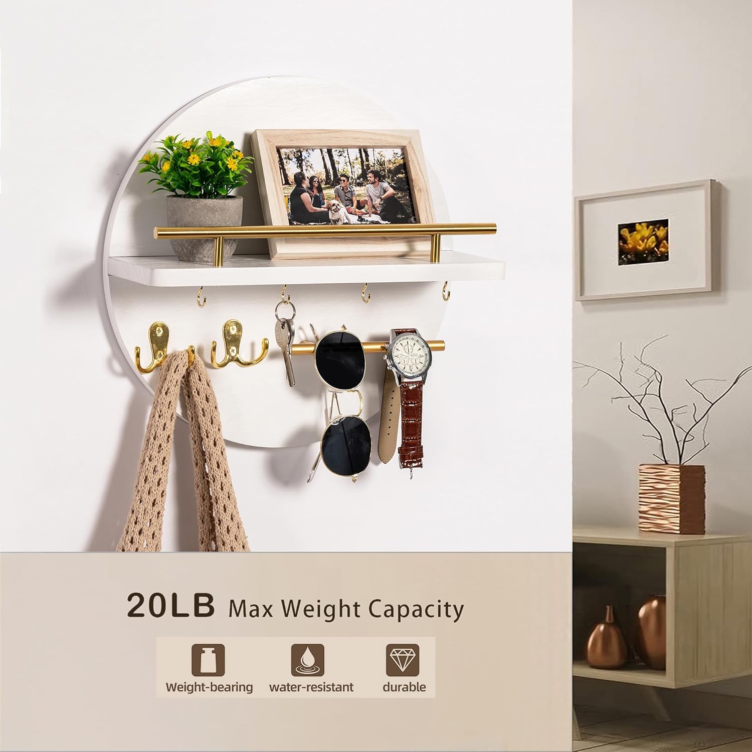 Key Holder / Shelf and Hooks / White