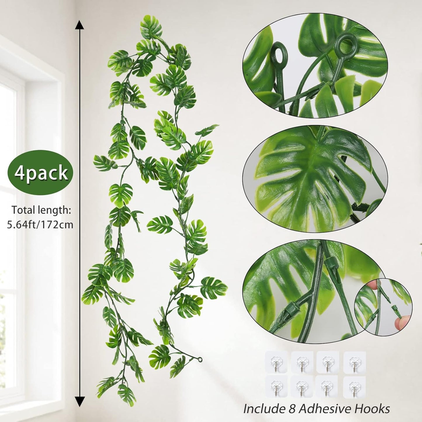 Fake Hanging Plant Ivy Faux Tropical Palm Leaf Greenery / Monstera Leaf Vines / 5.9 Inch / Set of 4