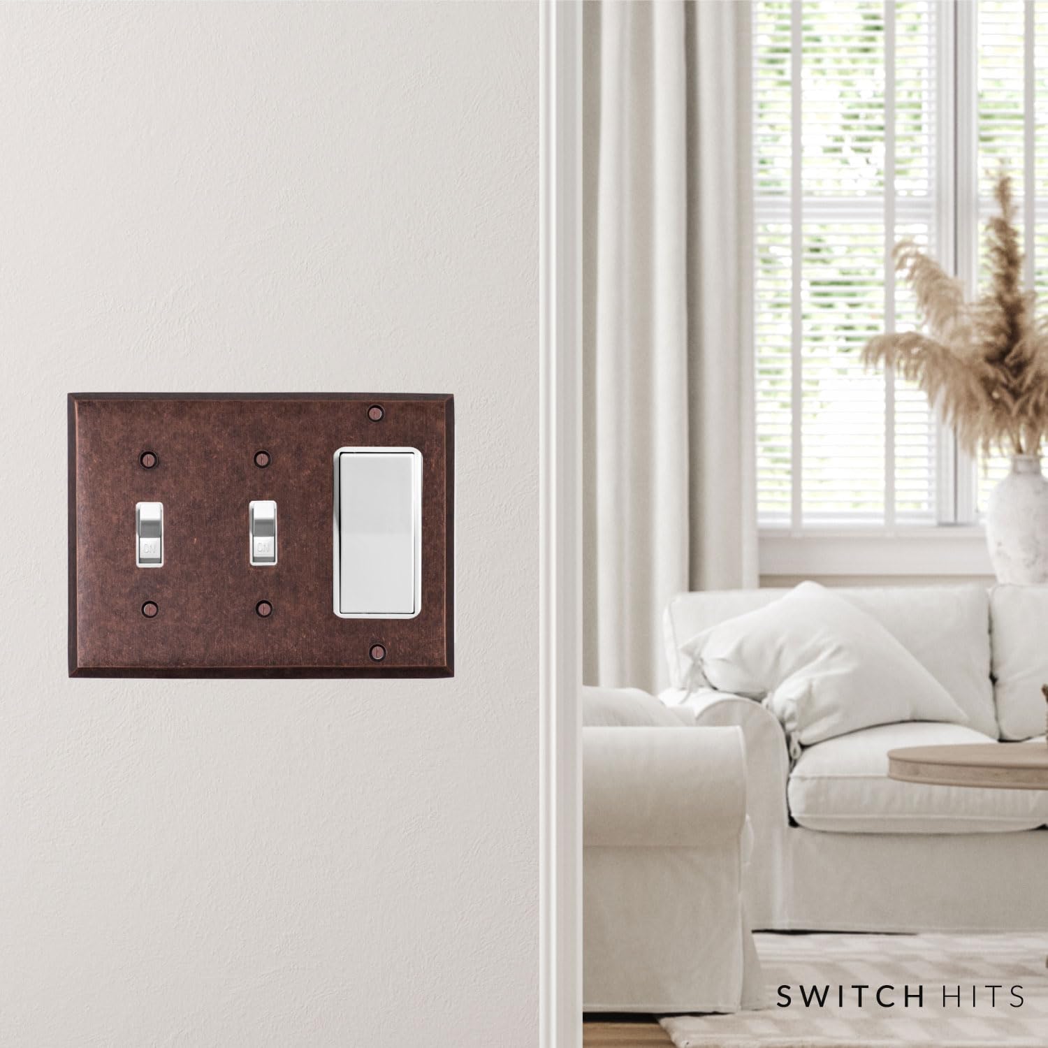 Mottled Antique Copper Outlet Wall Plate | 2 Toggle - 1 GFI Rocker | 6.25" x 4.5" | Hand-Polished Brass Construction
