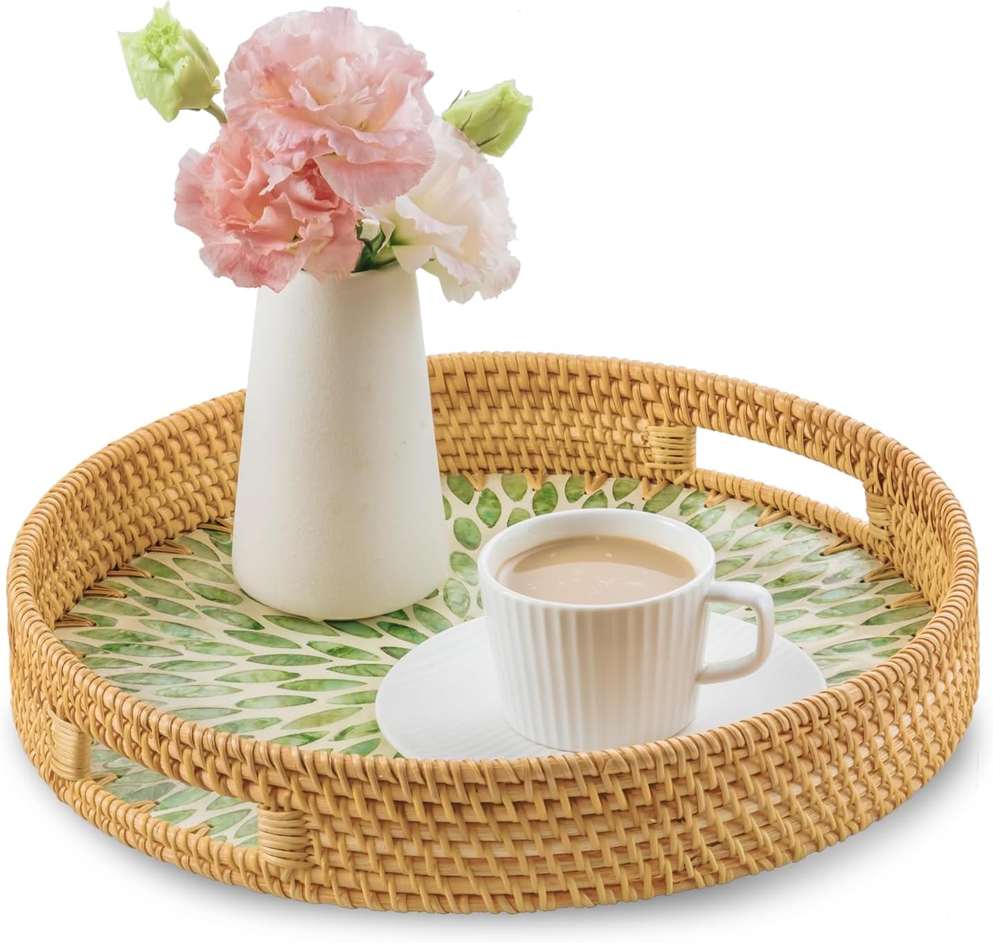 in Round Rattan Serving Tray / Green / 13.8 Inch
