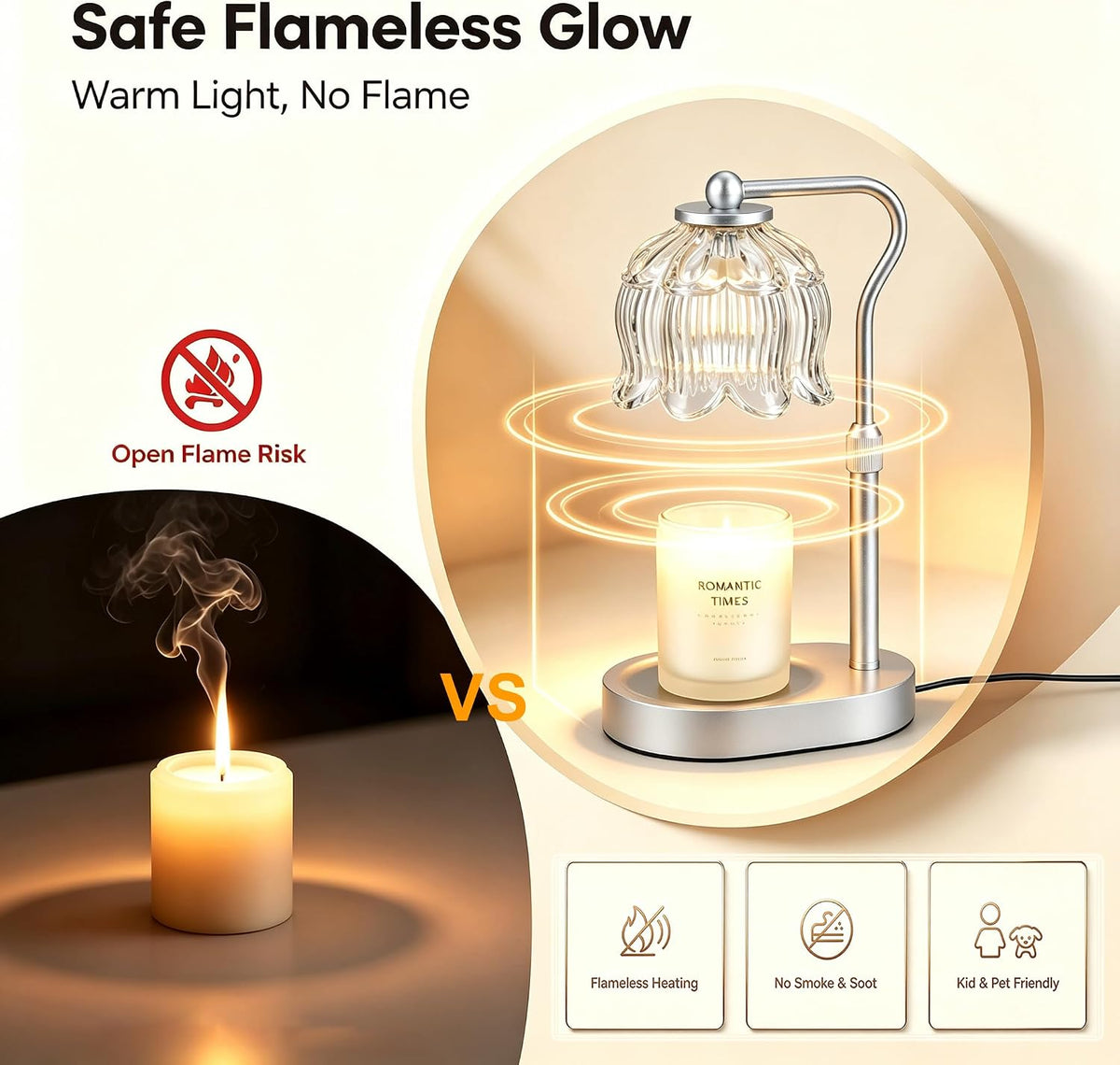 Flower Candle Warmer Lamp, Adjustable Height Electric Candle Lamp with Timer & Dimmer, Wooden Base Wax Warmer