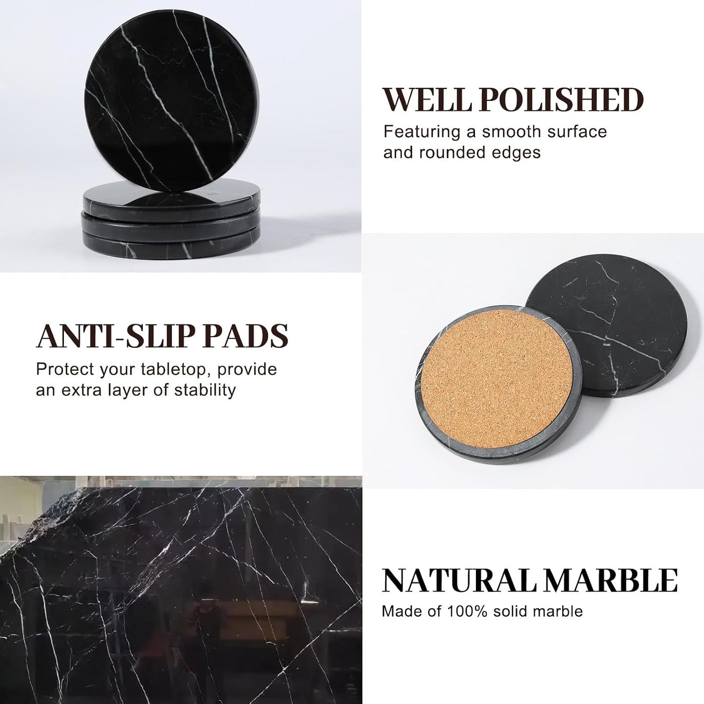 White Marble Coasters for Coffee / Black / Set of 4
