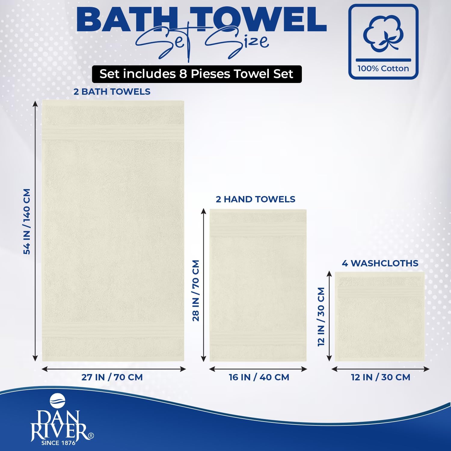 DAN RIVER 8 Piece Luxury Bath Towels for Bathroom, Towel Set, Ivory | 2 Bath towels, 2 Hand towels, and 4 Wash Cloths