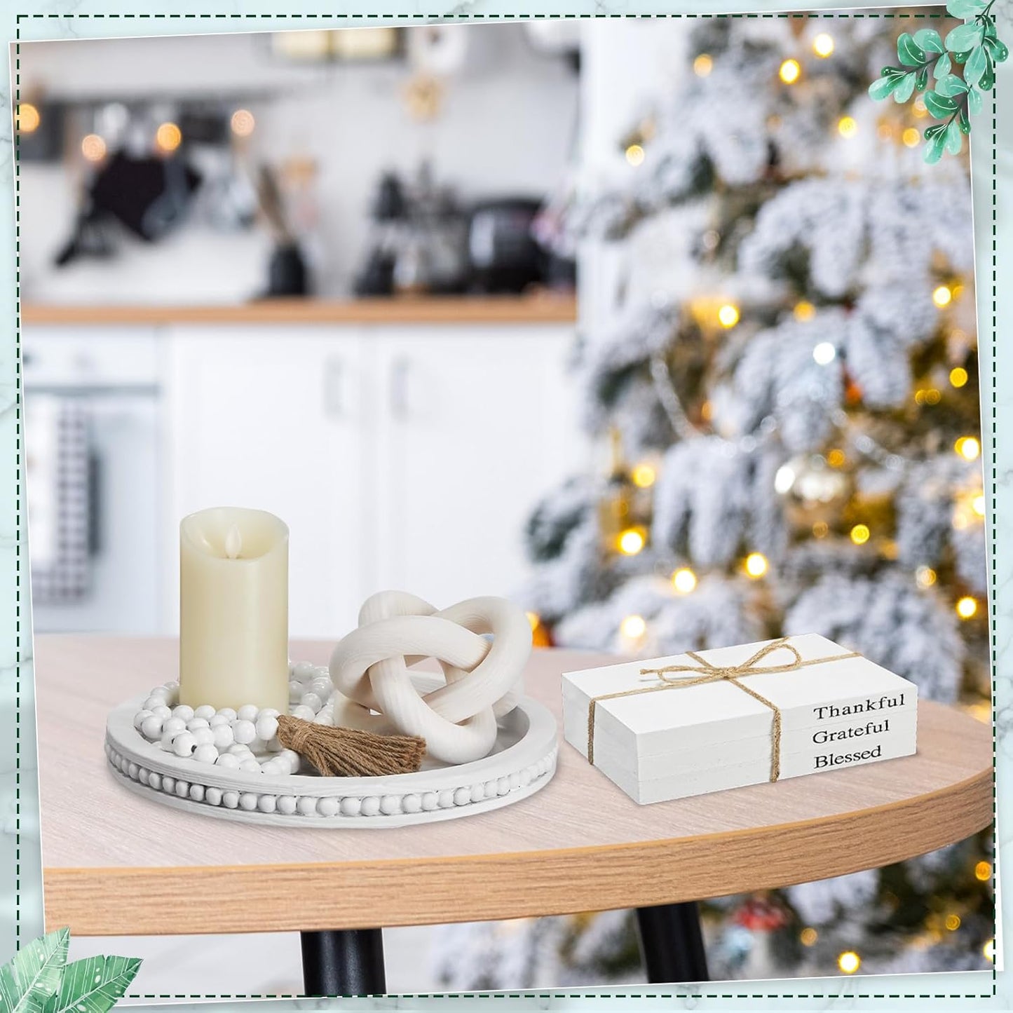 Rustic Wooden Coffee Table Tray Decoration Set / White / Thankful / Set of 6