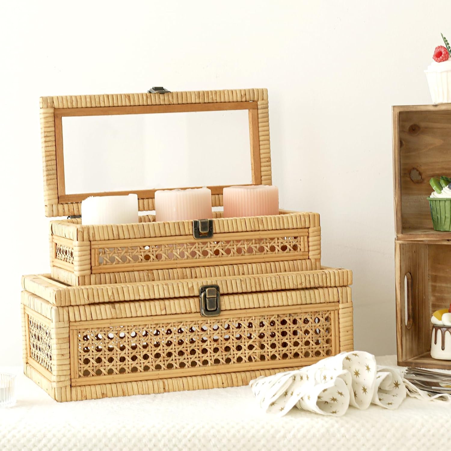 Cane Stacking Boxes / 14.1 x 8.2 x 5.1 / Rattan / Set of 2