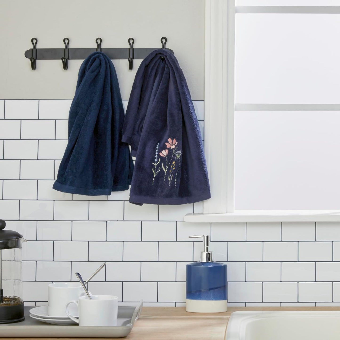 SKL Home Wildflower Field Hand Towel Set-2pc, Embroidered, Navy | 100% Cotton. Soft, decorative velour. For use in the