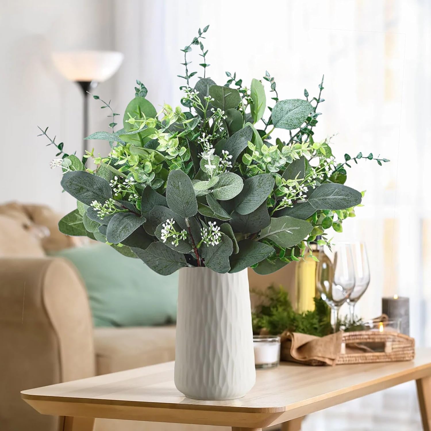 4 Kinds Mixed Artificial Dollar Eucalyptus Leaves Bundle Faux Greenery Branches / Silver / Set of 30