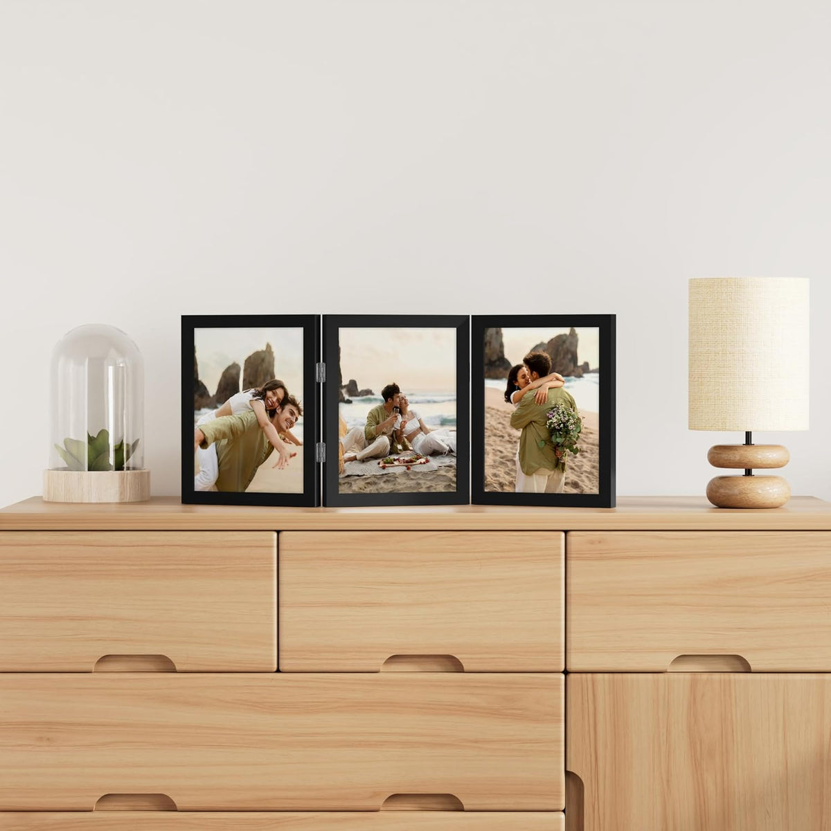 decorUhome Black Triple 8x10 Picture Frame Vertical, MDBK08 | "Z" Shape Folding Design Engineered Wood Trifold Photo