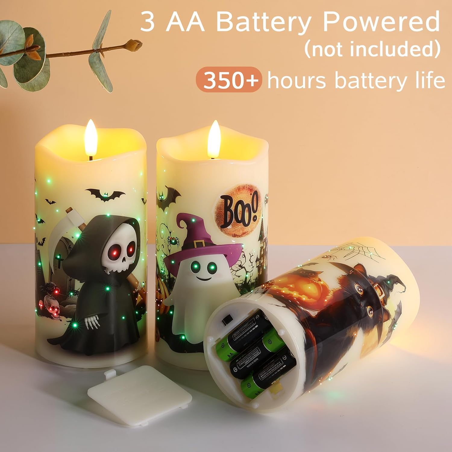 Fiber Optic Halloween Flameless Pillar Candles with Remote 3 Pack | Ghost Cat Bat LED Candles Flickering, 3 AA Battery