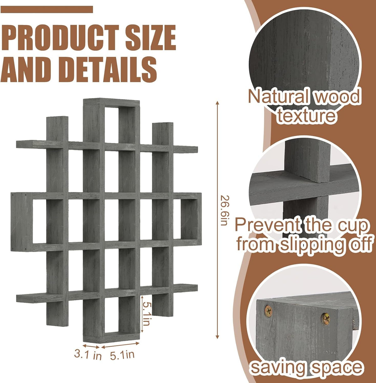 Suzile Mug Display Shelf Wall Mounted,Grid Size 5.1x5.1x3in,Grey | Rustic Wood Floating Shadow Box for Coffee Mugs