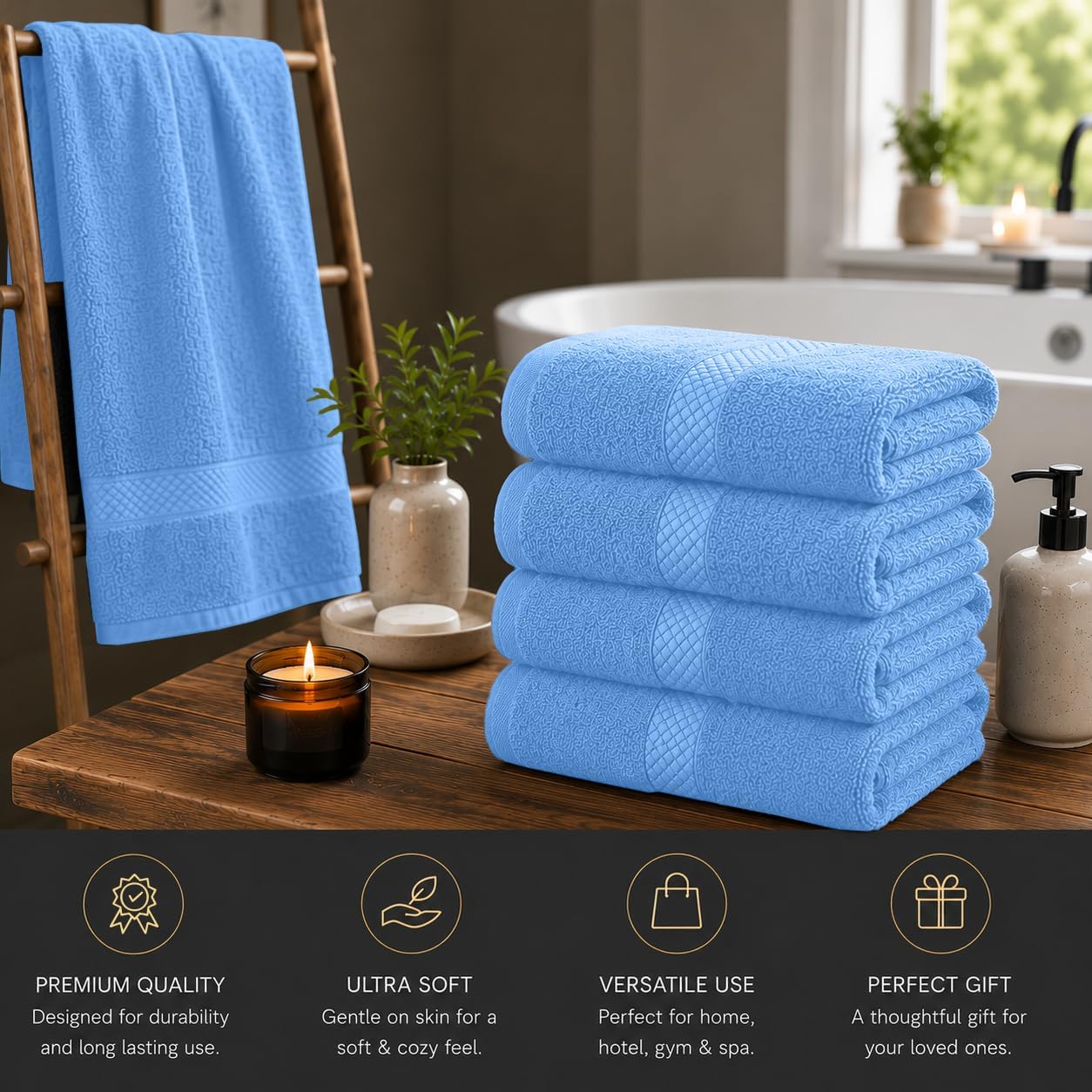 DAN RIVER 600 GSM Cotton Large Bath Towels Set of 4, 27 x 54 Inches, M-Blue | Larger & Lighter Weight Towels for