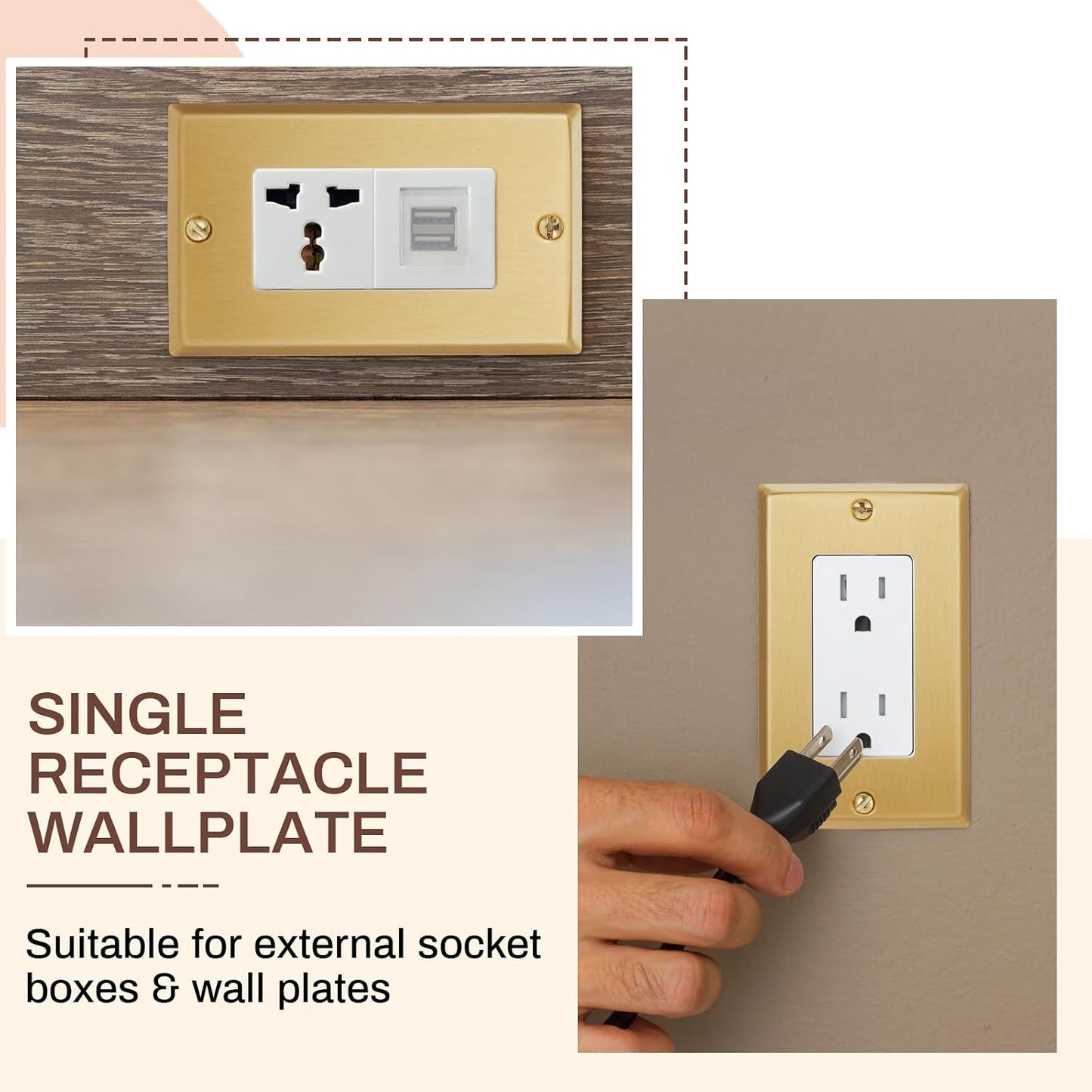 Zonon 8 Pack Gold Outlet Covers 4.50" x 2.76" Single Receptacle Wallplate Rocker Covers Brass Metal Brushed Decorative