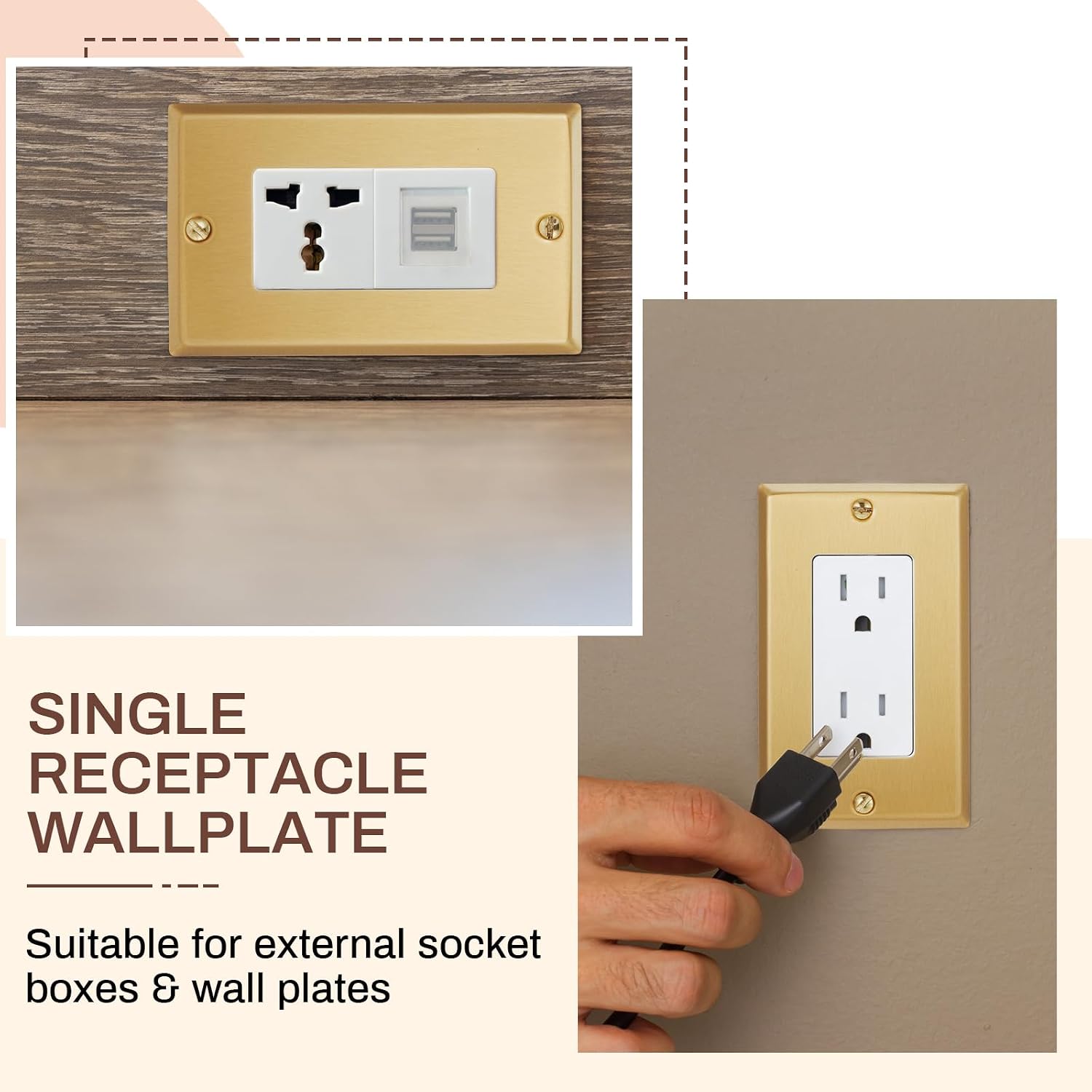 Zonon 8 Pack Gold Outlet Covers 4.50" x 2.76" Single Receptacle Wallplate Rocker Covers Brass Metal Brushed Decorative