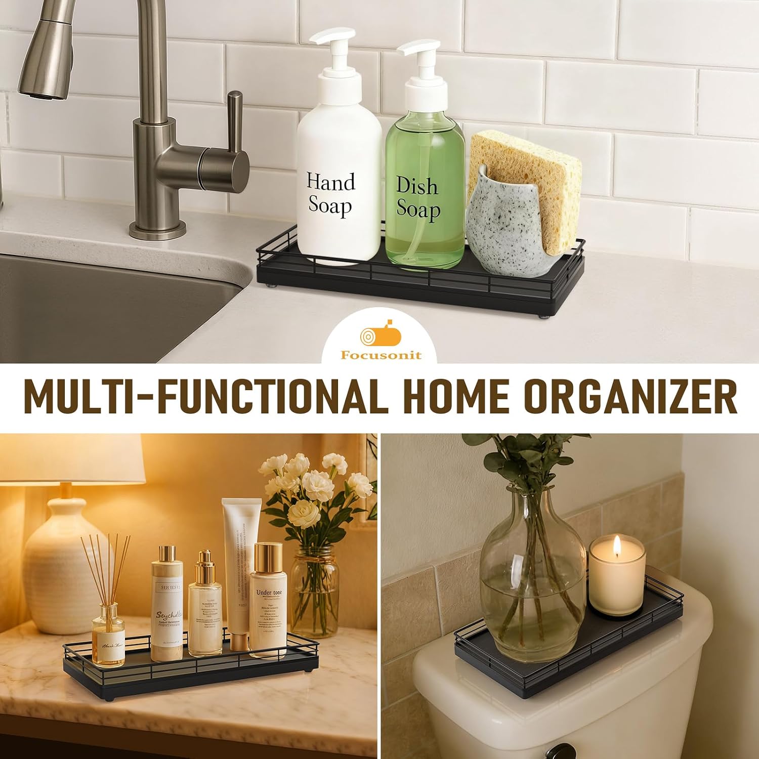 Oak Wood Toilet Tank Tray / 12 x 6 x 1.5 / Black