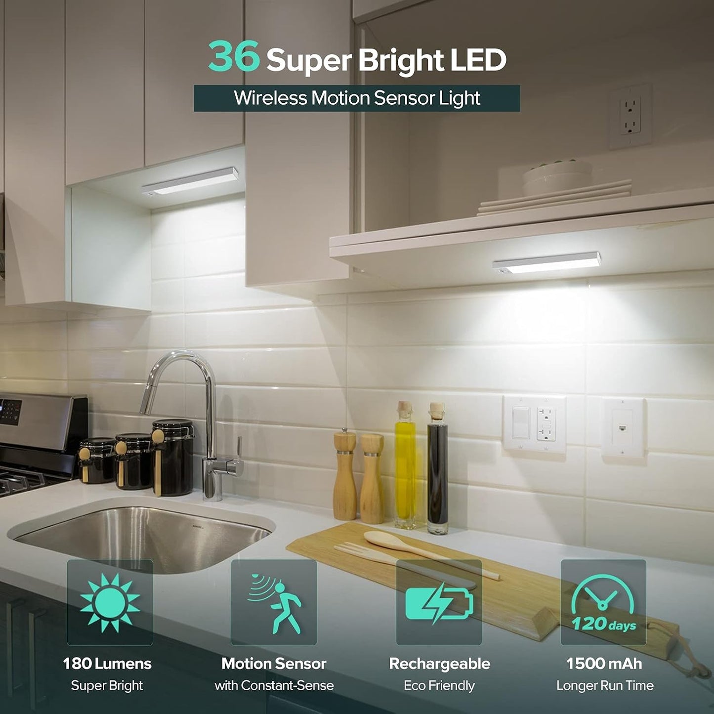 BLS 36 LED Closet Light Battery Powered, Super Bright Under Cabinet Lighting, Motion Sensor Indoor, Wireless, 1500mAh