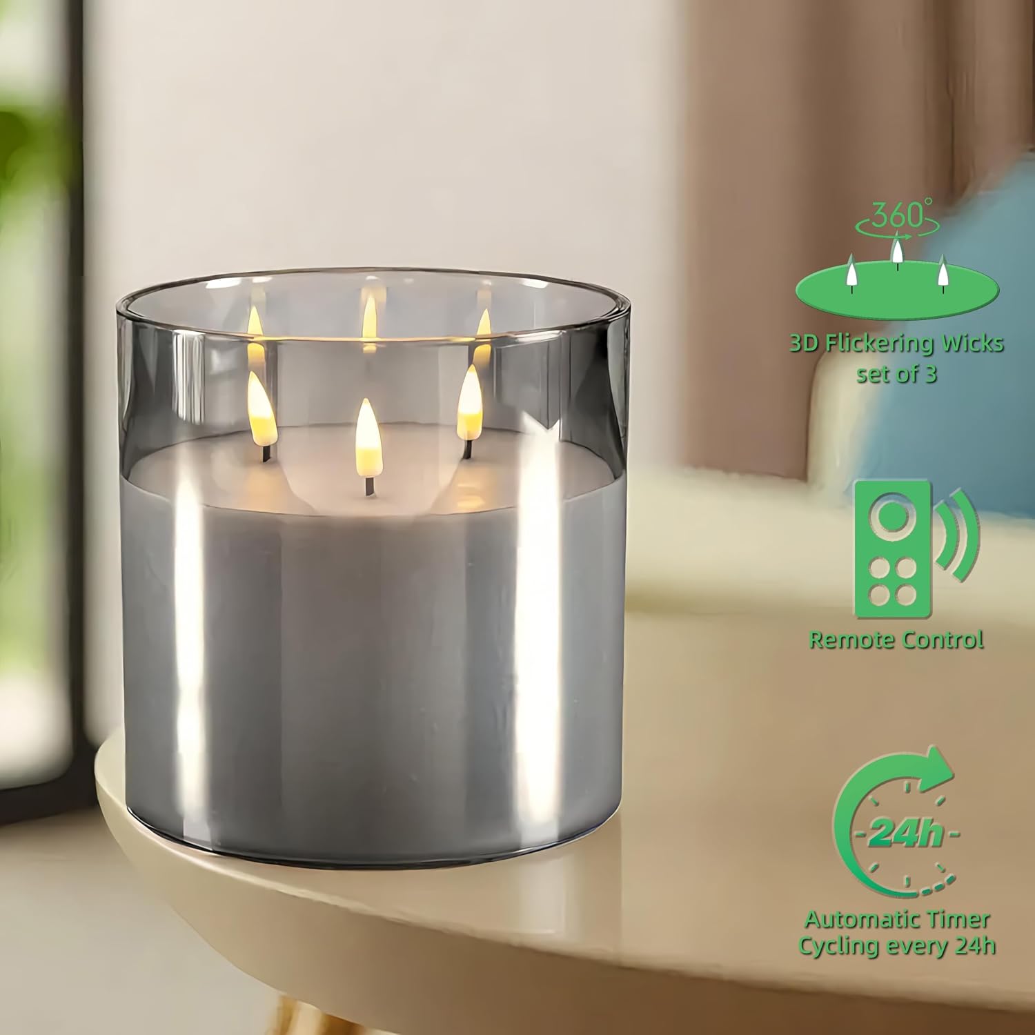 NICEME Extra Large 3 Wick Battery Operated Candle, 6"x6" Big Clear Glass Flameless Candles with Remote, Real Wax