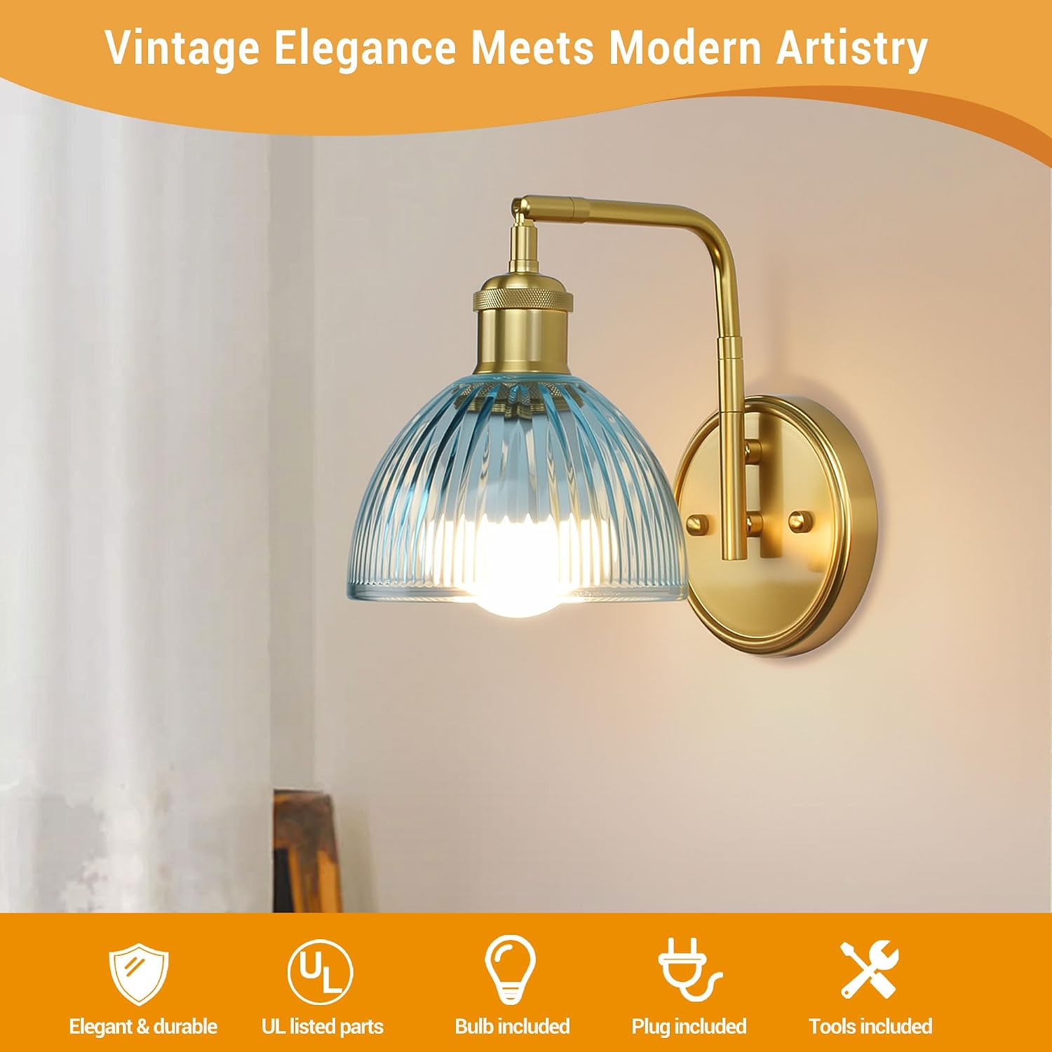 Swing Arm Wall Sconce, Plug in or Hardwired Gold Wall Lamp with Blue Stripe Ribbed Glass Shade, Modern Remote Dimmable