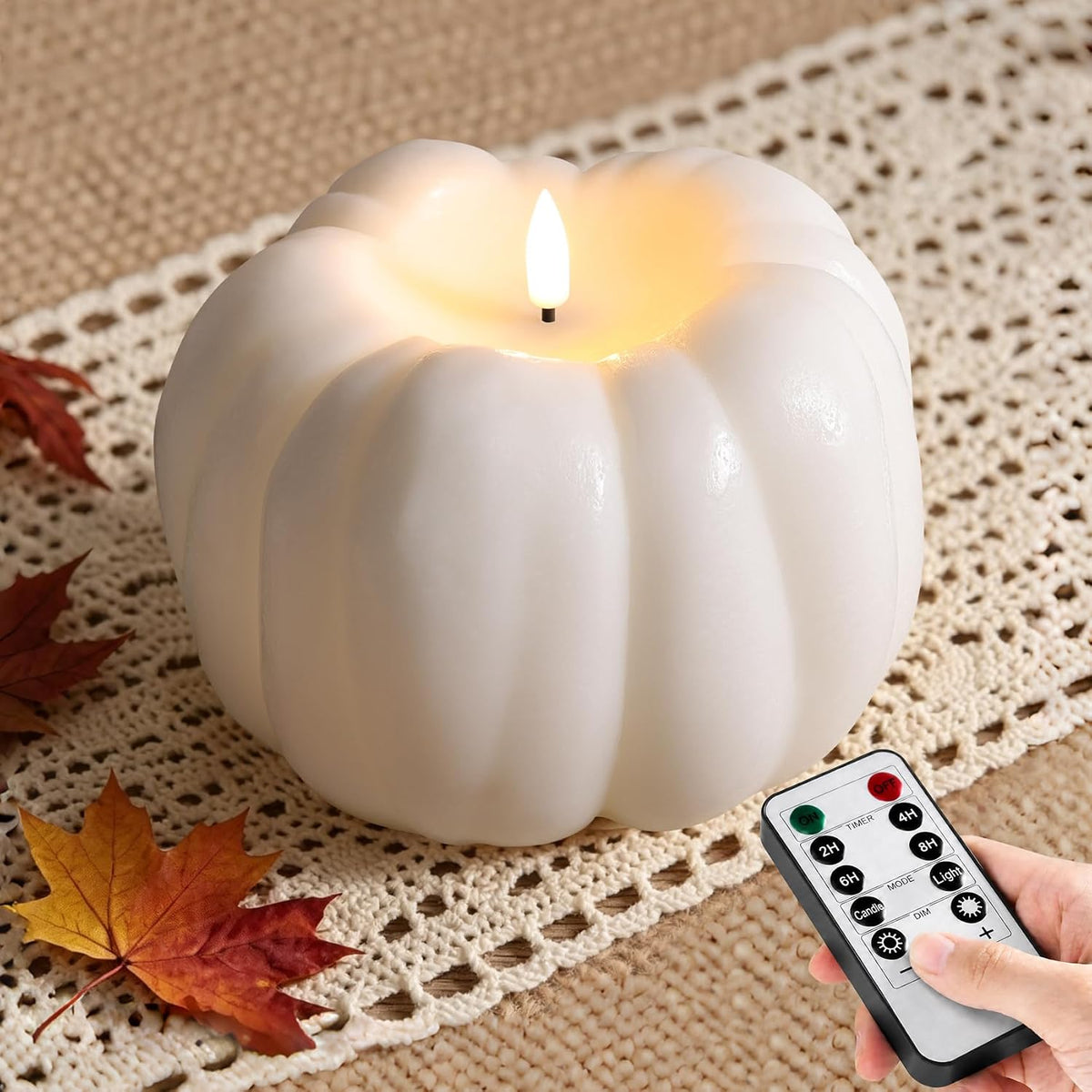 Eywamage White Pumpkin Flameless Candle with Remote, Fall Decorations