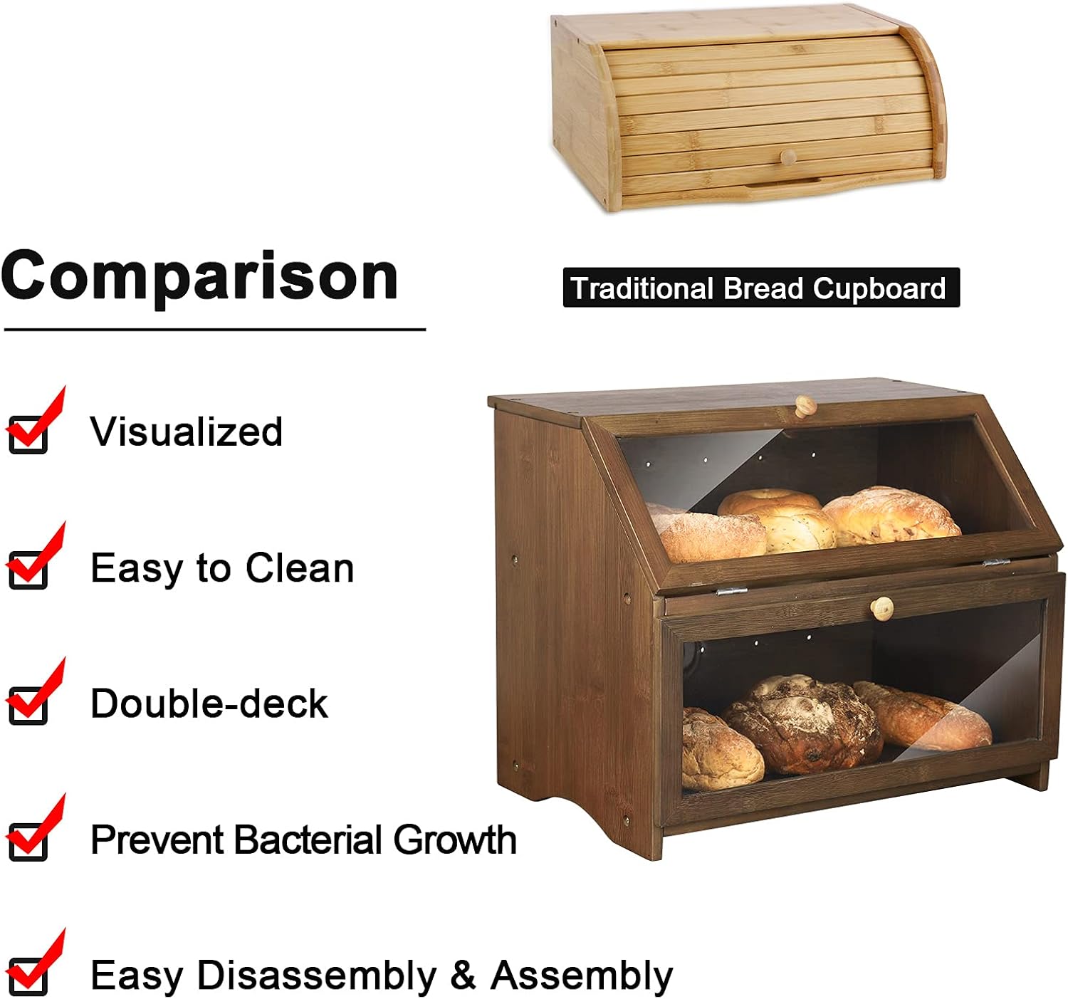 HOMEKOKO Double Layer Bread Box, Wooden Bread Storage Bin, Brown | Keeps Bread Fresh 3-4 Days, Large Capacity Fits 2+