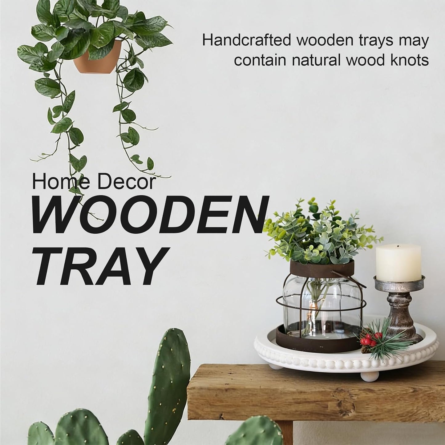 Round Wooden Tray for Decor / White