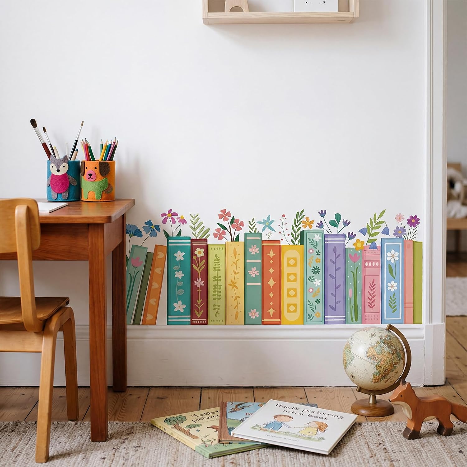 2 Sheet Spring Bookshelf Wall Decals Wildflower Books Reading Corner Stickers / Flower Bookshelf