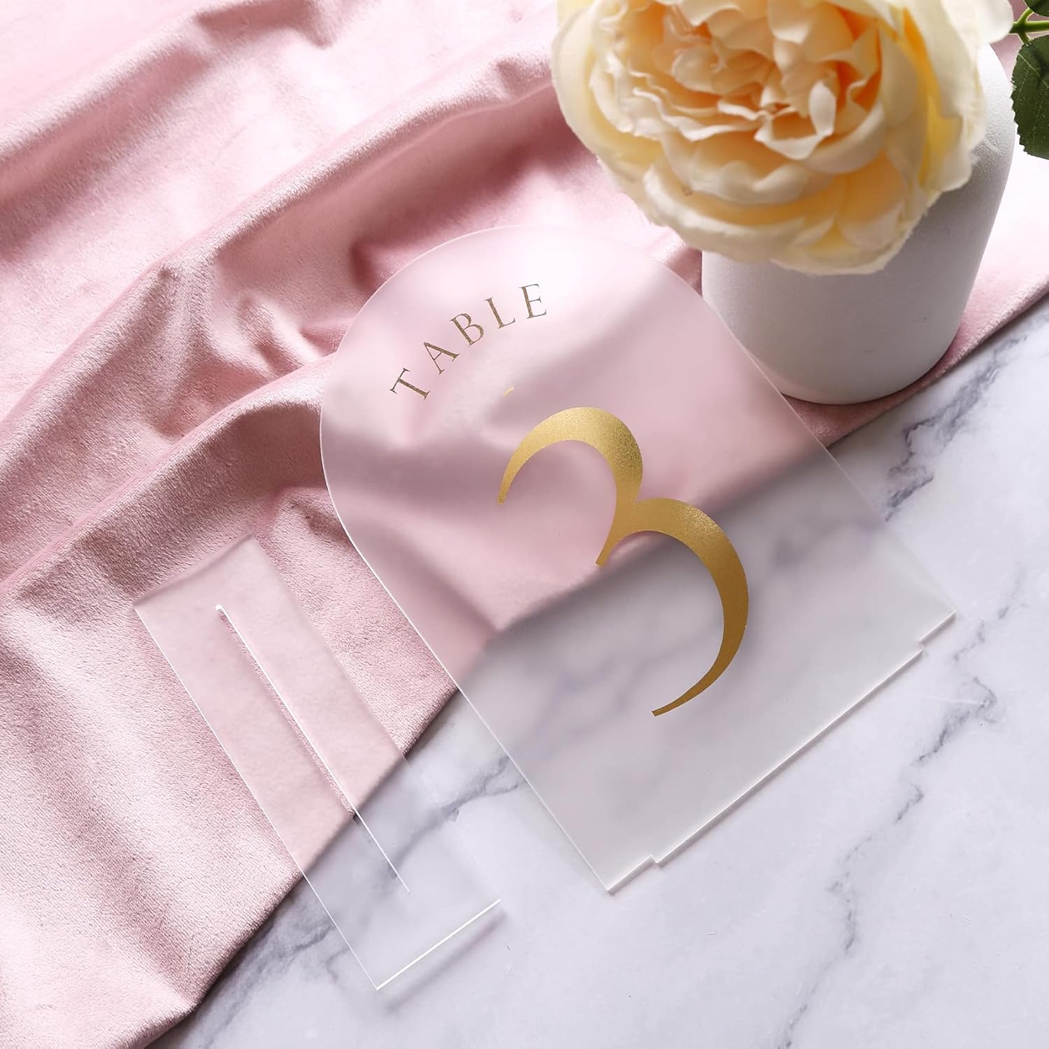UNIQOOO Frosted Arch Wedding Table Numbers with Stands 1-30, Gold Foil Printed 5x7 Acrylic Display Signs and Holders