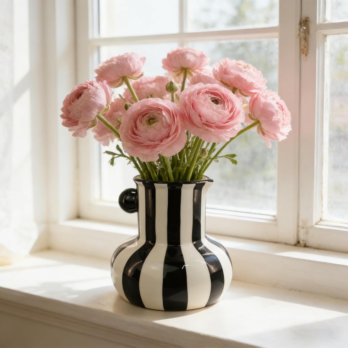 White Striped Ceramic Vase / Black