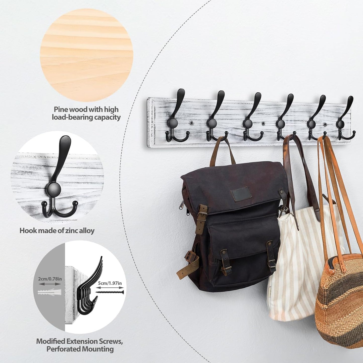 Coat Rack Wall Mount, Wooden Heavy Duty Coat Rack for Wall,6 Triple Coat Hanger Hooks for Hanging