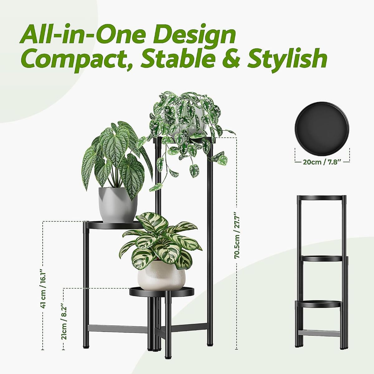 3 Tiered Plant Stand Indoor for Multiple Large Planter, Tall Heavy Duty Adjustable Folding Rack with Rustproof 7.9 Inch