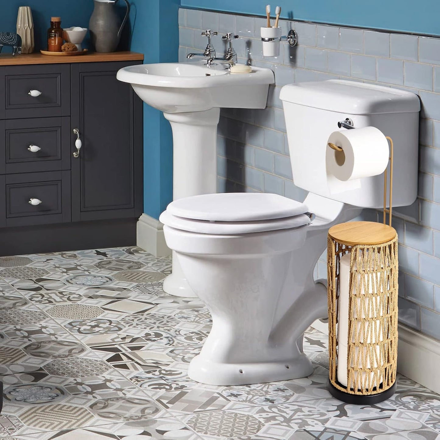 Freestanding Toilet Paper Holder with Storage,3 Rolls of Tissue Holder for Bathroom,Handmade Woven Toilet Paper Roll