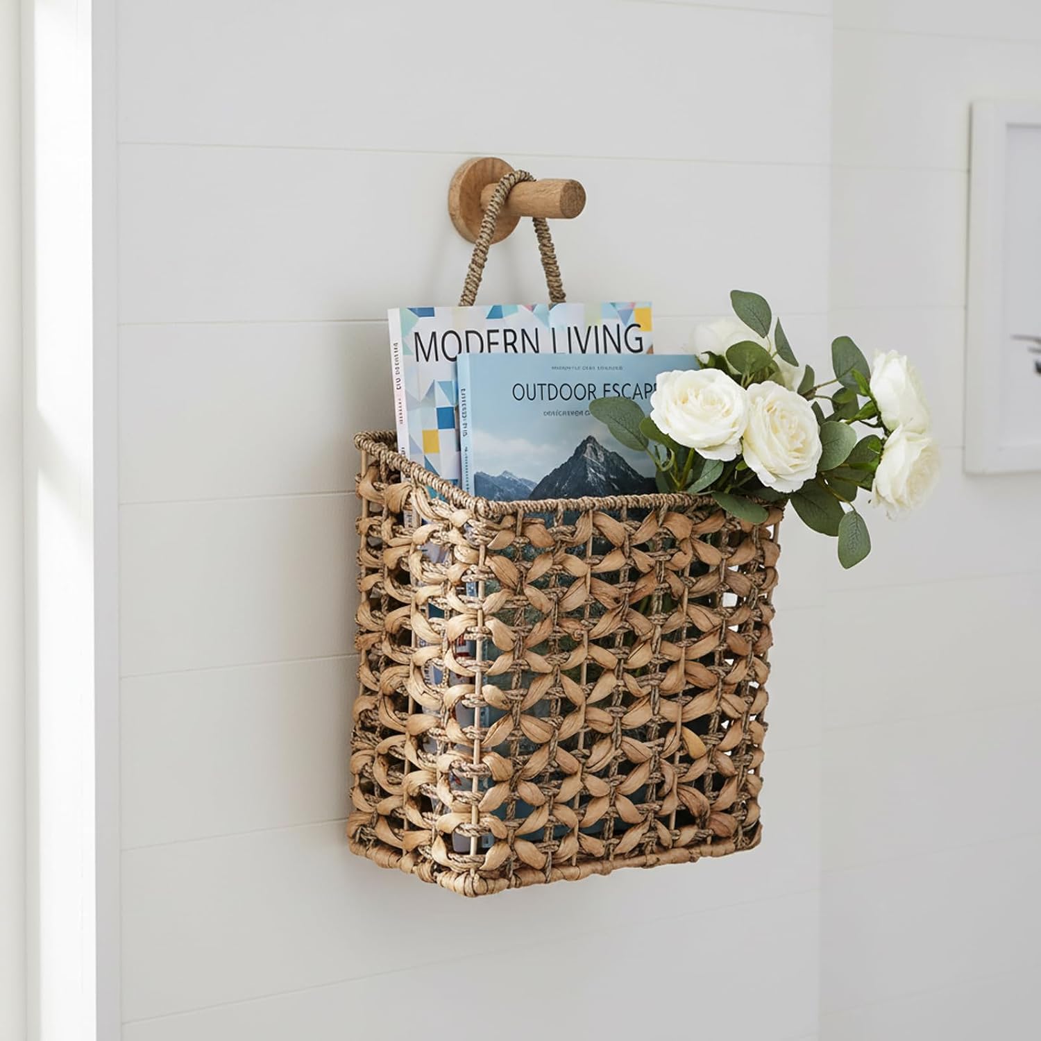 Magazine Holder Metal Frame Woven Wall Basket Hanging Magazine Storage Mail Organizer Rack