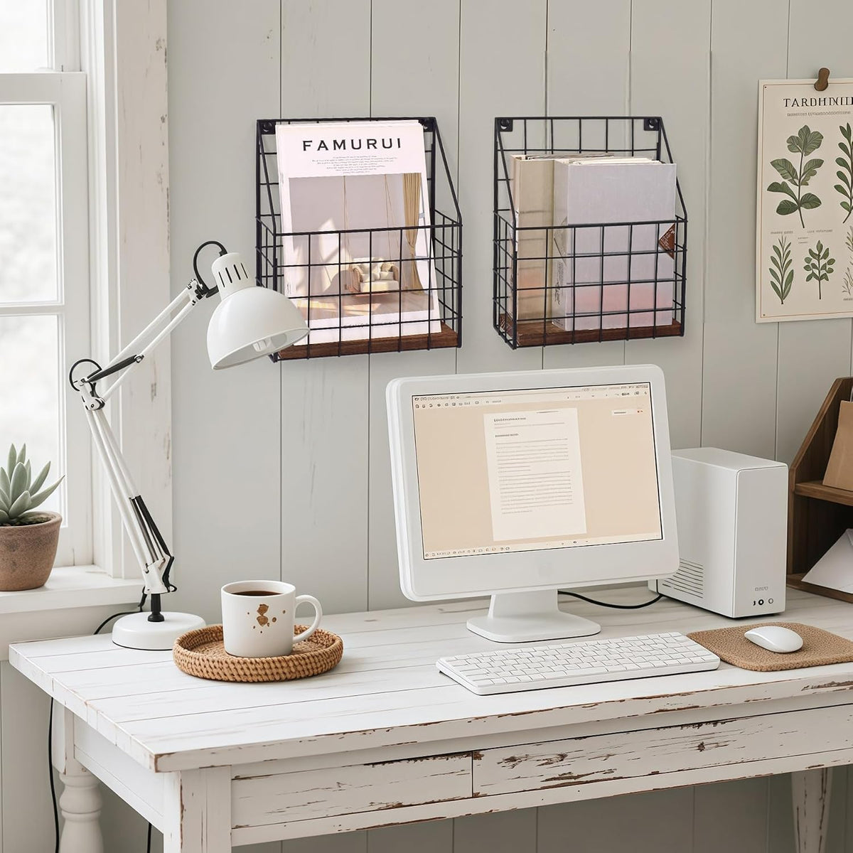 Mail Holder Magazine Basket - 2 Pack Black Wall Mount File Organizer Rack of Wooden Style with Adhesive Mounting