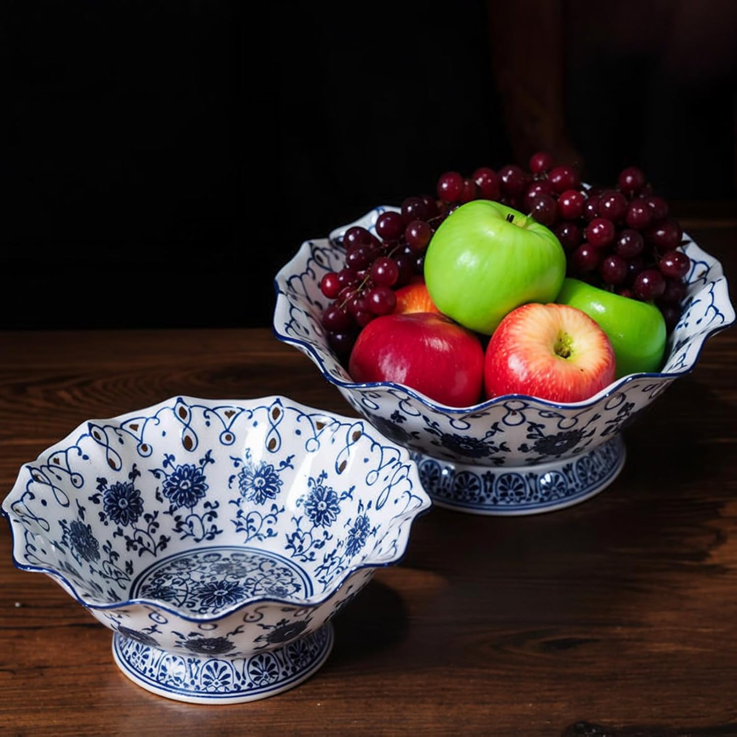 9.5" Large Ceramic Fruit Pedestal Bowl / Medium / Floral / Blue