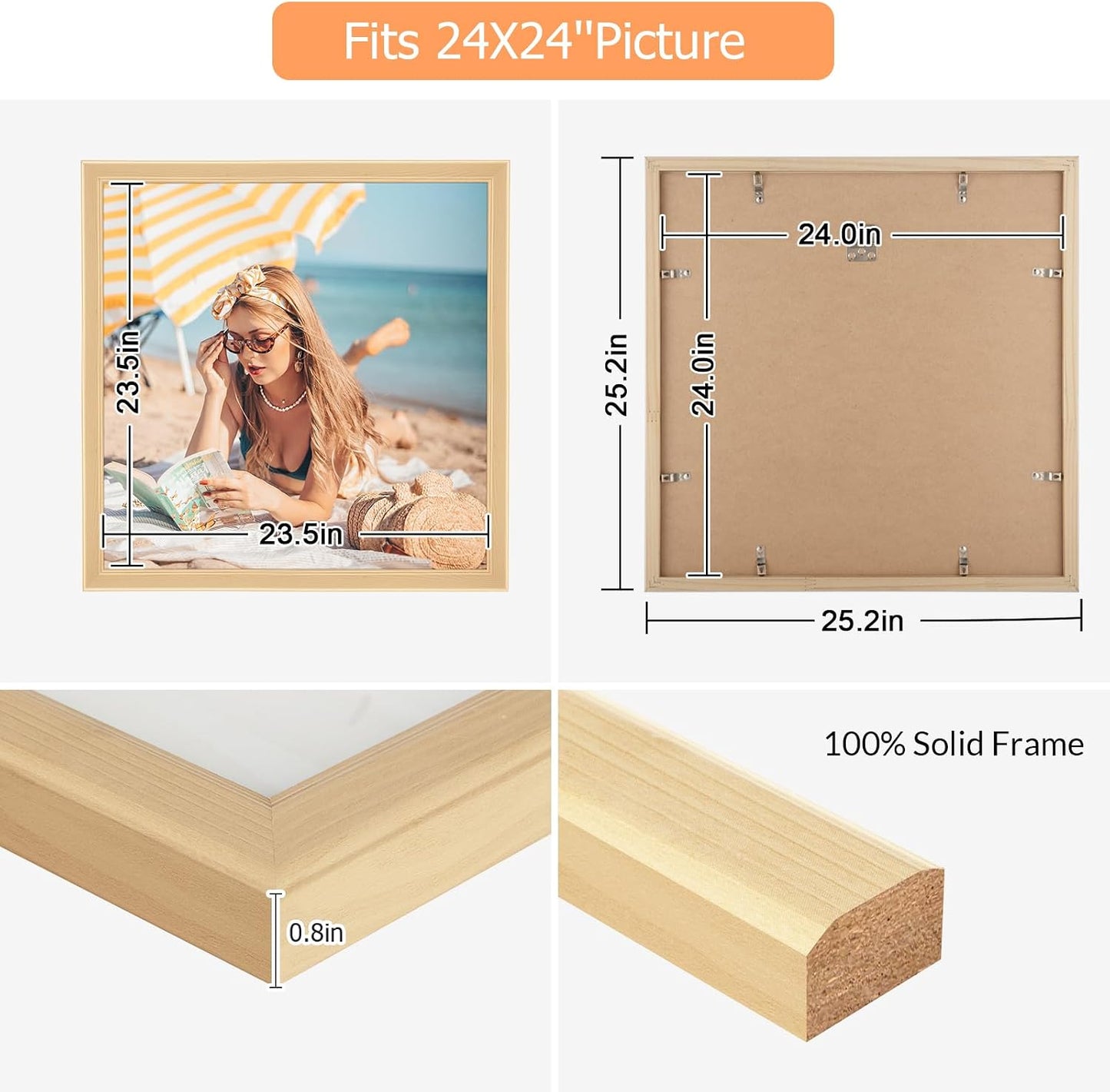 24x24 Wood Frame, Rustic Natural Wooden 24x24in Poster Picture Frame, Modern Beige Woodgrain 24 x 24inch Gallery Wall