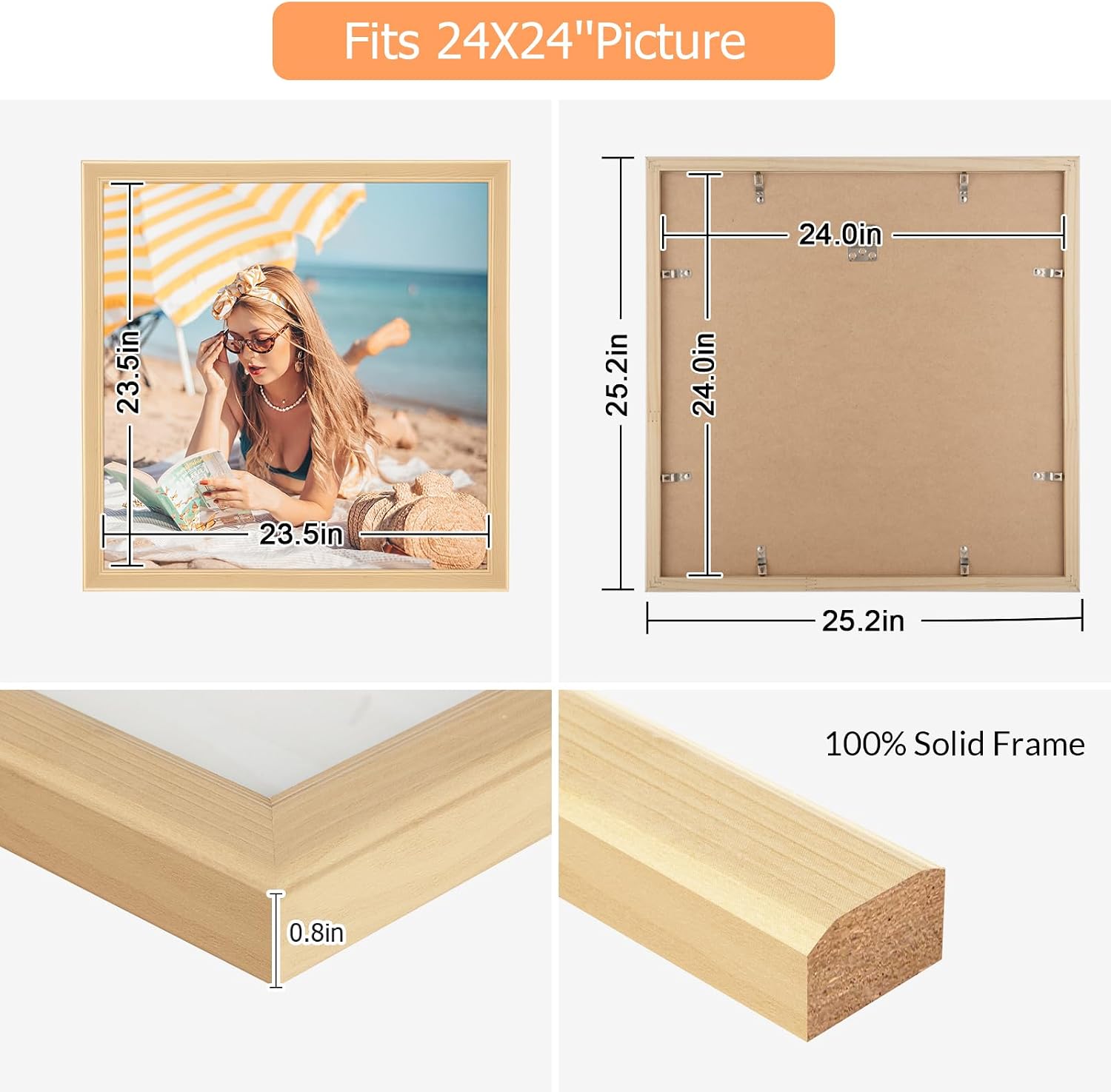 24x24 Wood Frame, Rustic Natural Wooden 24x24in Poster Picture Frame, Modern Beige Woodgrain 24 x 24inch Gallery Wall