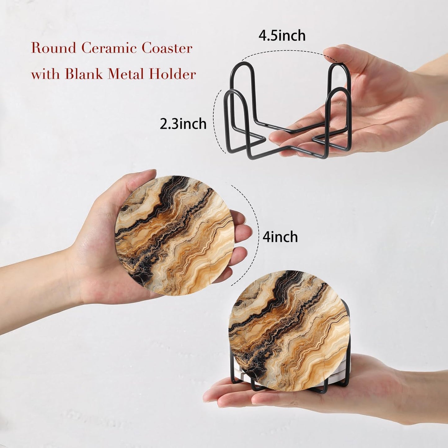 Metal Holder / Dark Brown Mixed Wave Marble / Set of 6