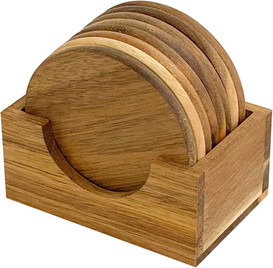 Holder / Acacia Wood Drink Coasters / 3.72 Inch / Set of 8
