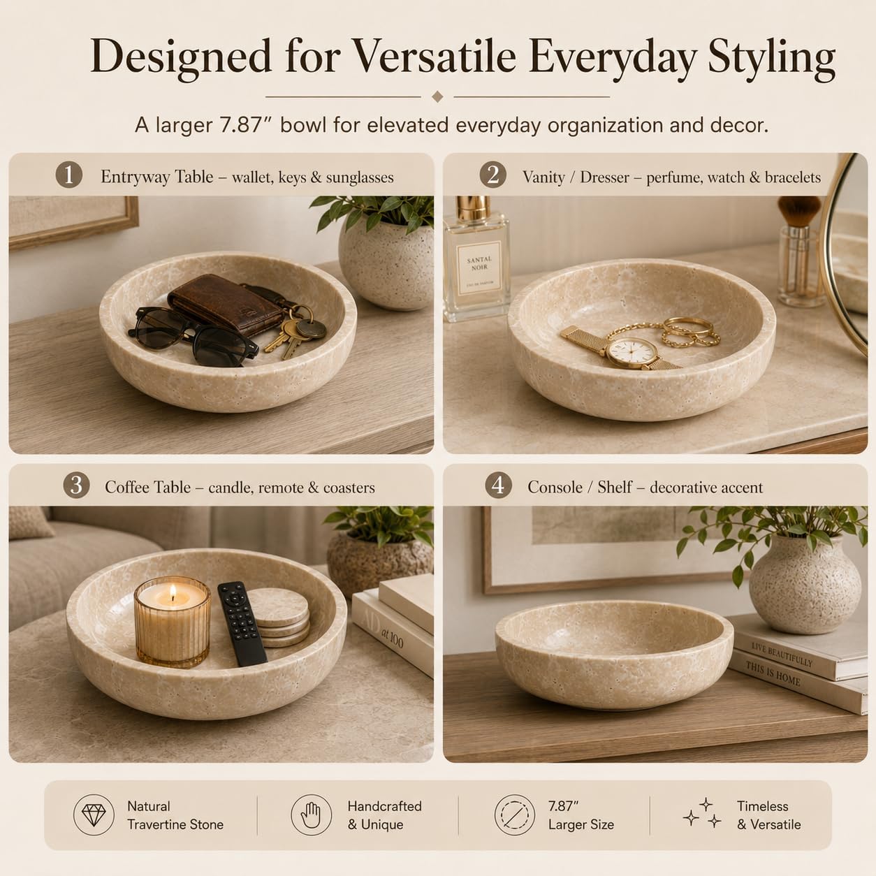 Large Travertine Decorative Bowl / Beige-7.87inch