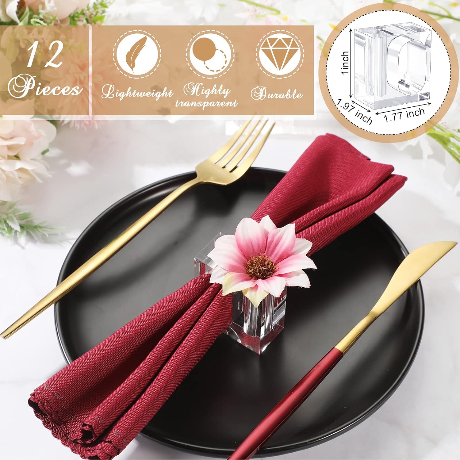 12 Pcs Acrylic Napkin Rings Clear Napkin Holder Bulk | Square Flower Bud Vase Combo for Wedding, Birthday Banquet Table