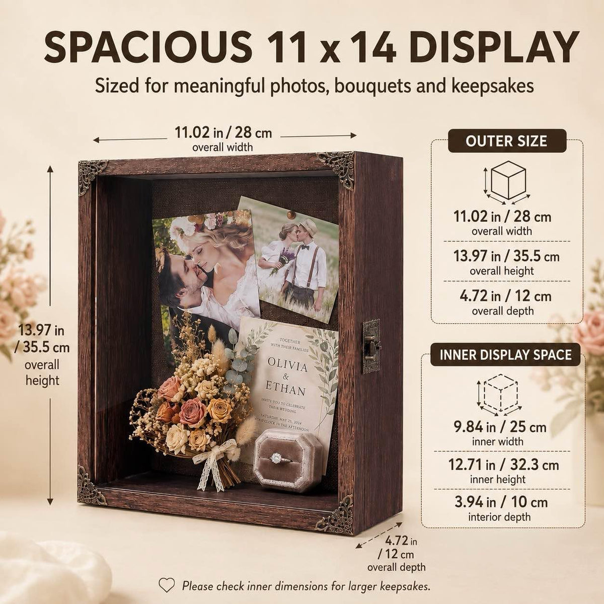 Deep Shadow Box Frame 11x14, 4.7in Depth Shadow Boxes Display Case with Soft Linen PIN Board, Vintage Charred Finish &