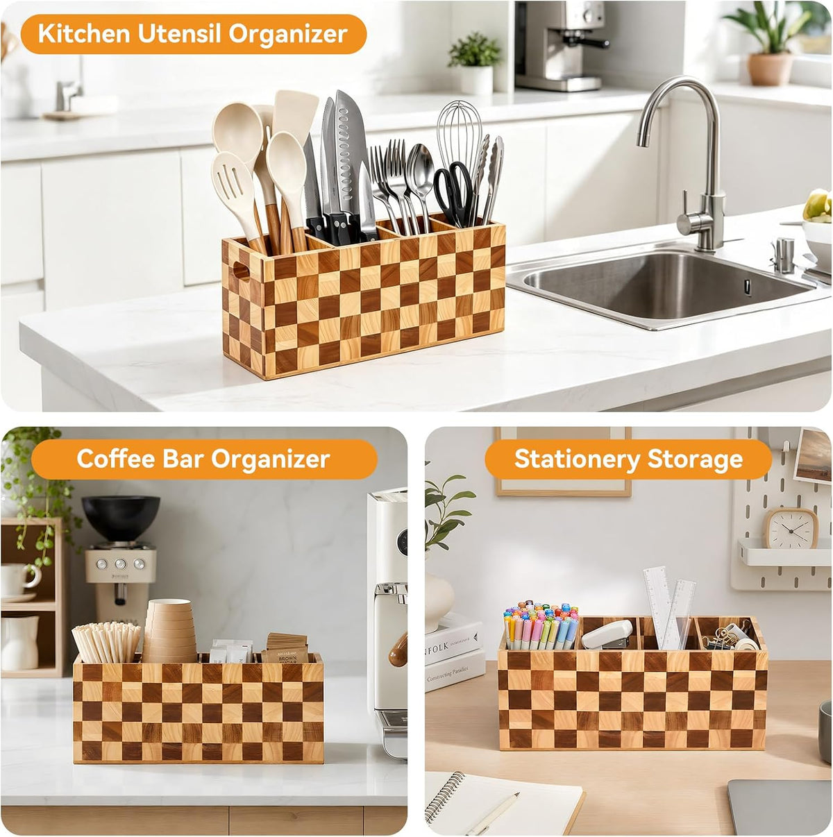 Wooden Utensil Holder, 4 Compartment Kitchen Countertop Organizer Crock | Acacia Wood Kitchen Utensil Holder with 3