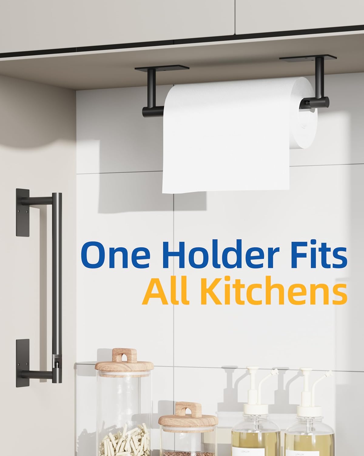 RUACQ Paper Towel Holder Under Cabinet, Stainless Steel, Matte Black | Drill Wall Mount or Adhesive, Square Base