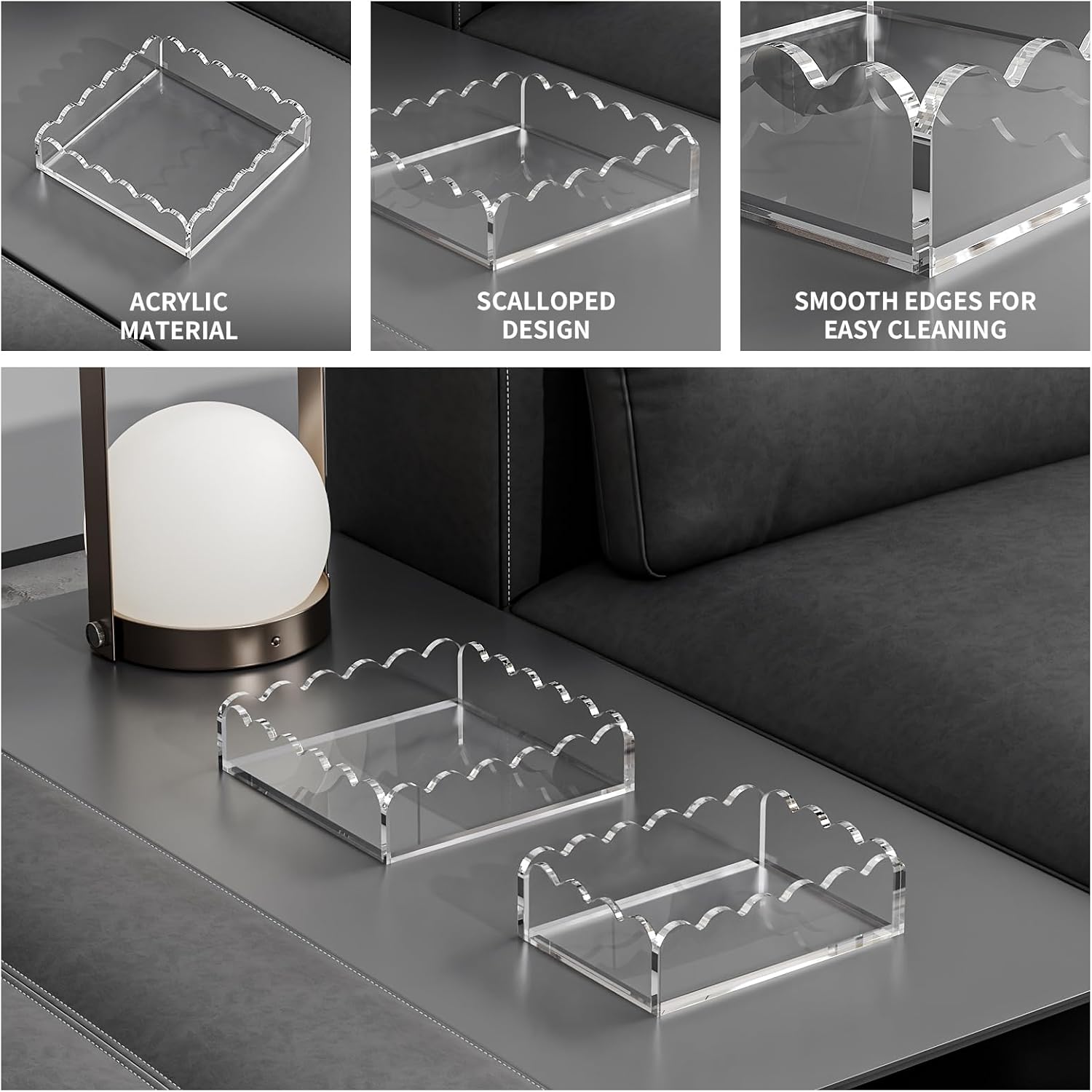 Scalloped Acrylic Tray / Scalloped Clear Square+rectangle Set / Set of 2