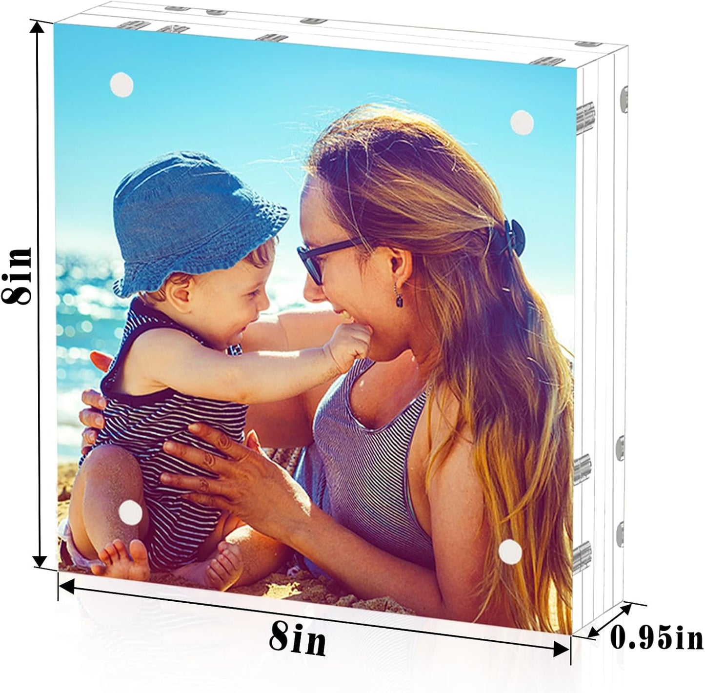 HELPLEX 5 Pack 8x8 Acrylic Picture Frames, 24mm Thicker Square Frameless Clear Frame Double Sided Magnetic Frame, Free