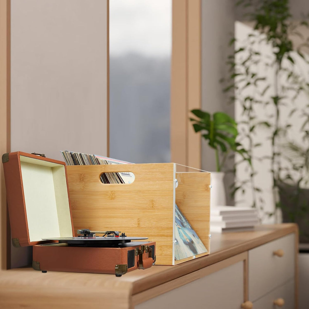 X-cosrack 2-Pack Vinyl Record Storage Box, Bamboo & Acrylic Crate | Visible Vinyl Record Holder with Handle, Cube CD