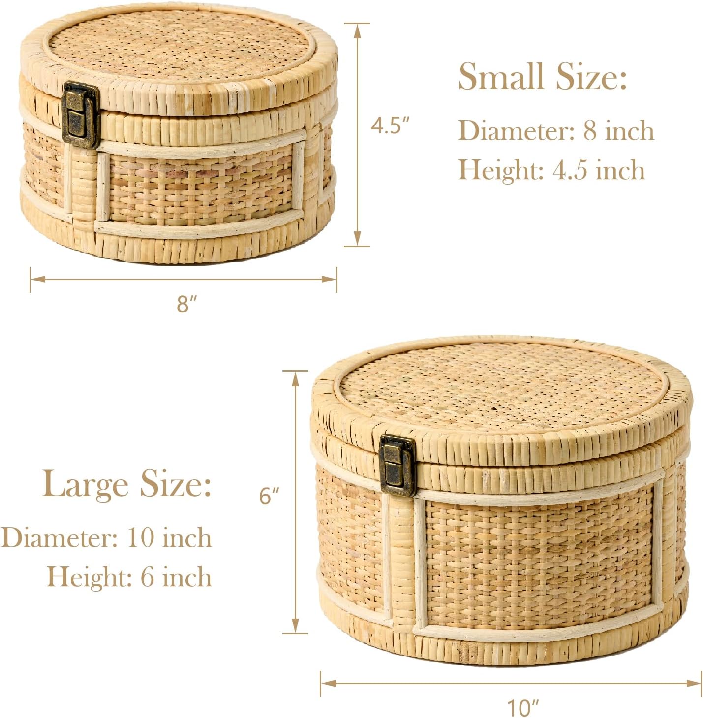 Lids Wooden Frame Decorative Rattan Round Baskets Set Handmade Woven Wicker / Natural / Set of 2
