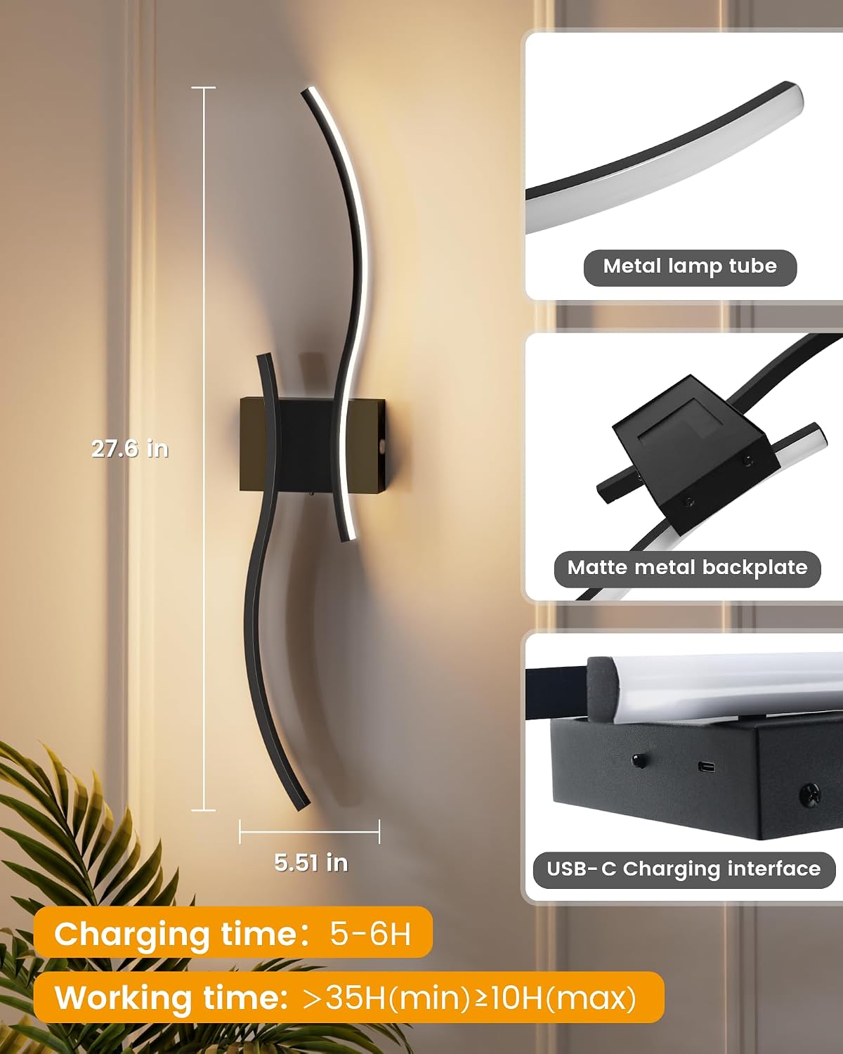 27.6 Inch Battery Operated Wall Sconce Set of 2, Black Modern Rechargeable Wall Lights with Remote, 3CCT Dimmable