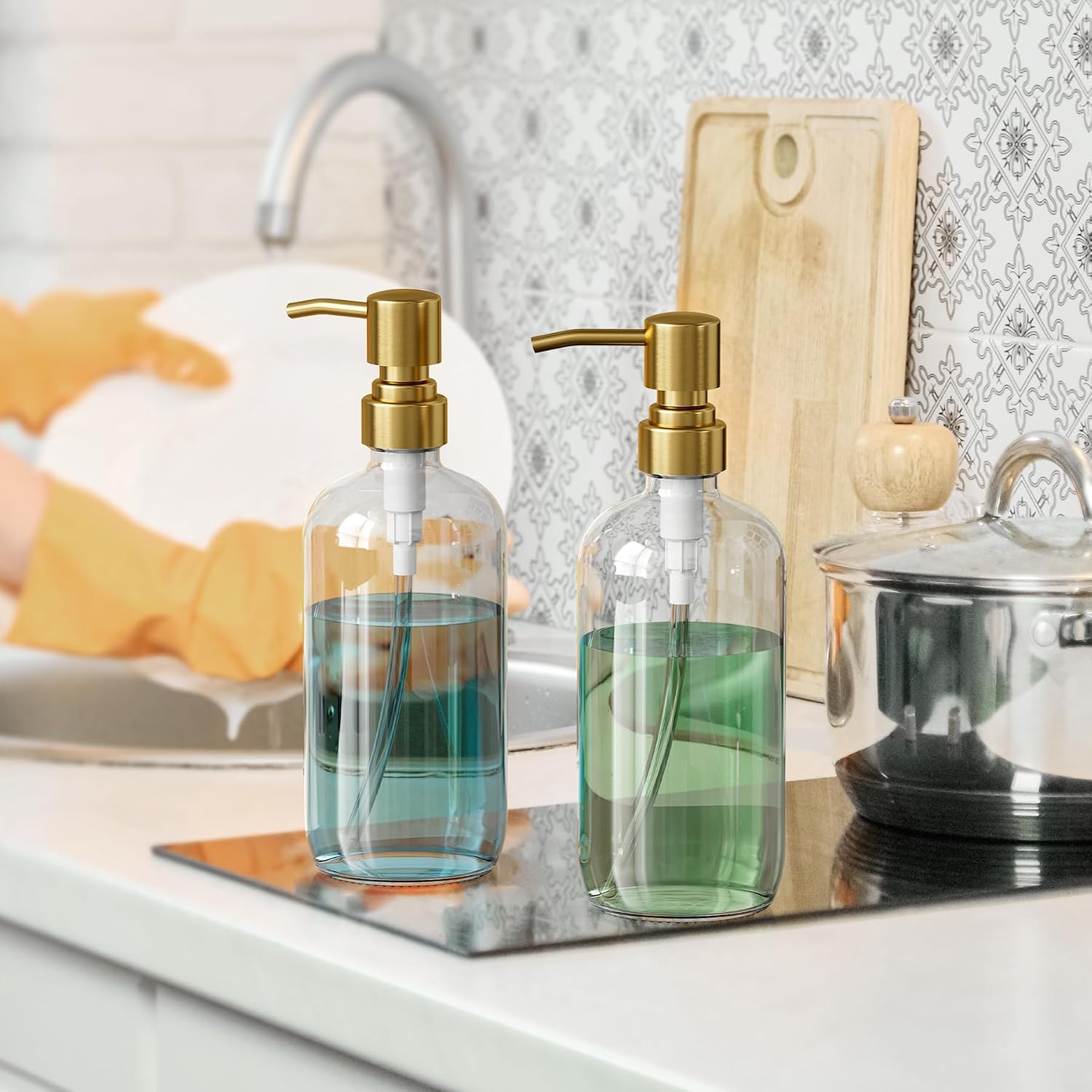 AmazerBath Soap Dispenser, 2 Pack Glass Soap Dispenser with Pump Stainless Steel, 17 Oz Clear Gold Hand Soap Dispensers