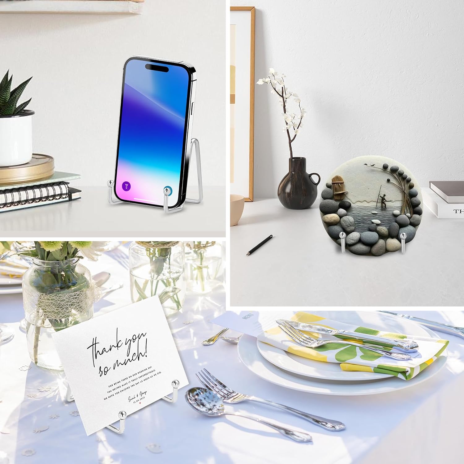 Decorative Plate Stand Holder Picture Frame Stand Easel Display Stand / 3 Inch / Silver / Set of 4