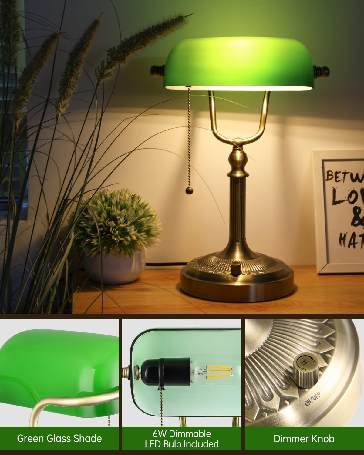 Green Stepless Dimmable Glass Bankers Desk Lamp | Table Lamp Plug in Fixture for Study, Office, LED Bulb Included